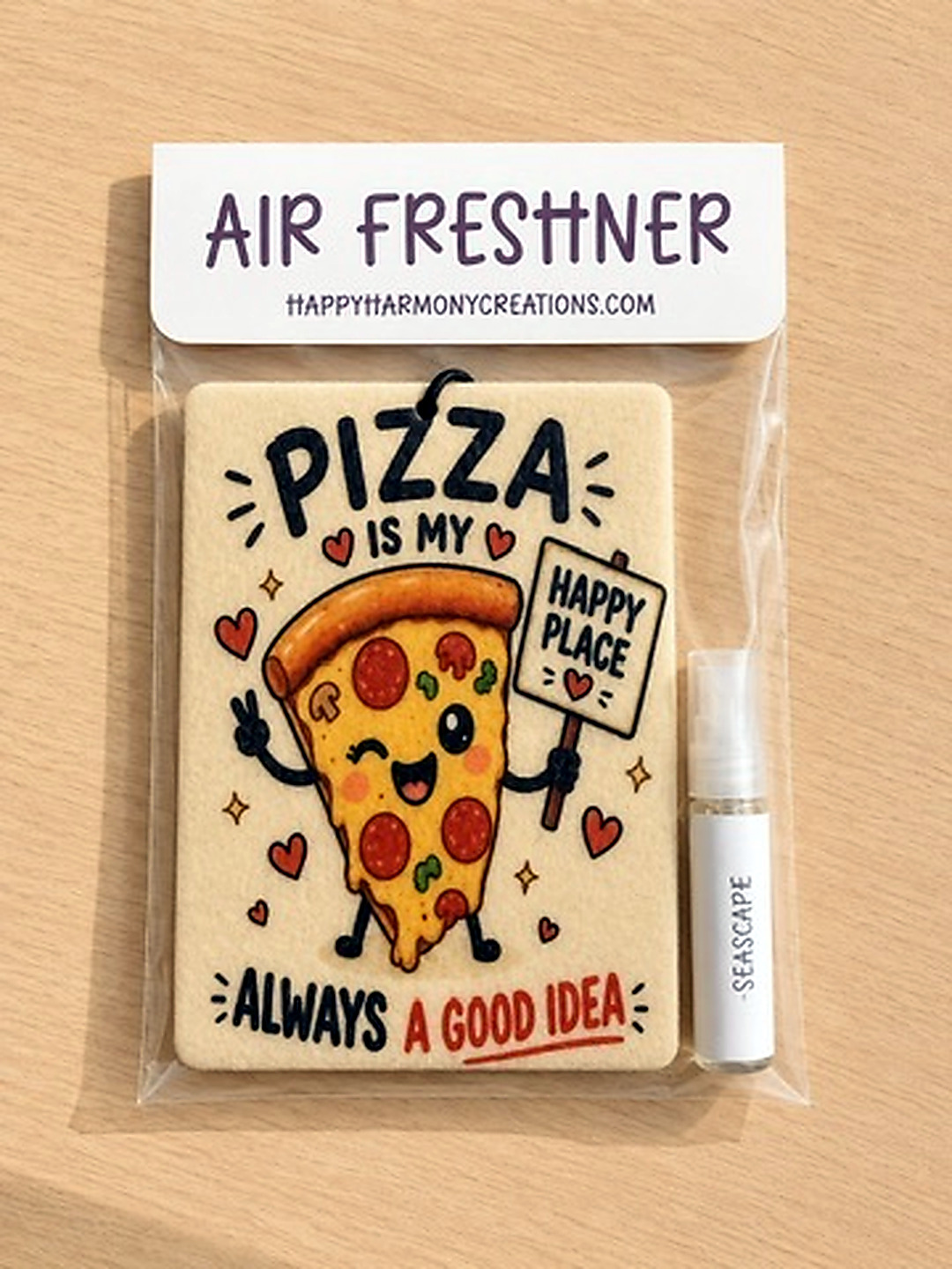packaged rectangular air freshener with pizza artwork and scent bottle