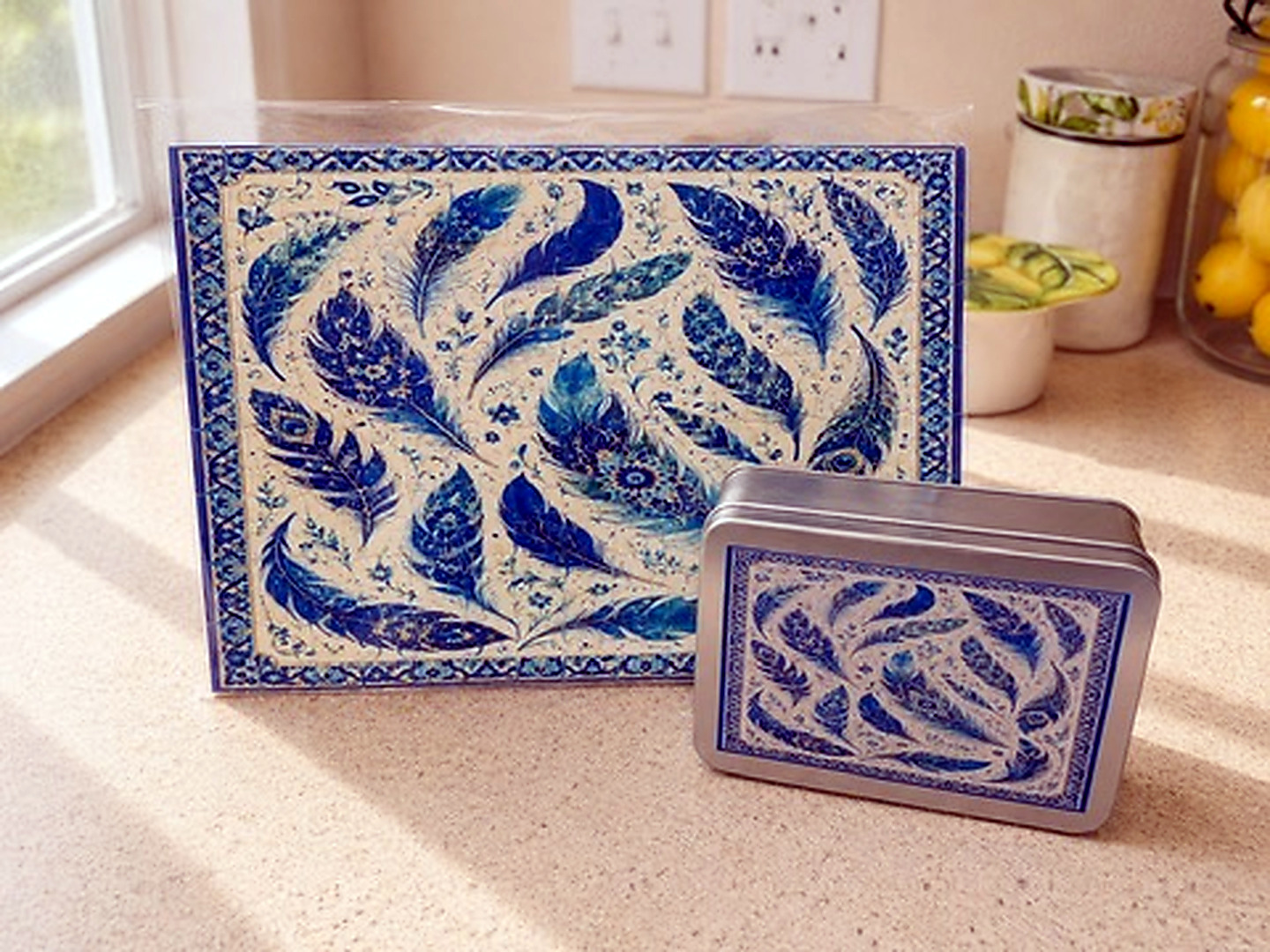 finished 120 piece blue paisley puzzle with matching storage tin