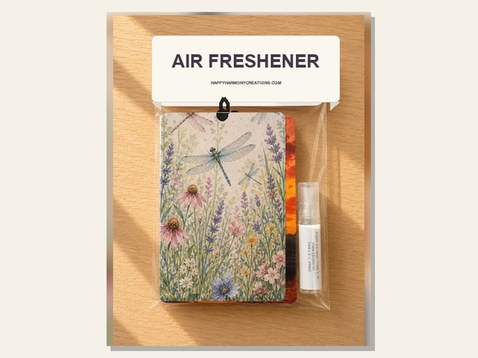 rectangular air freshener with dragonfly garden artwork