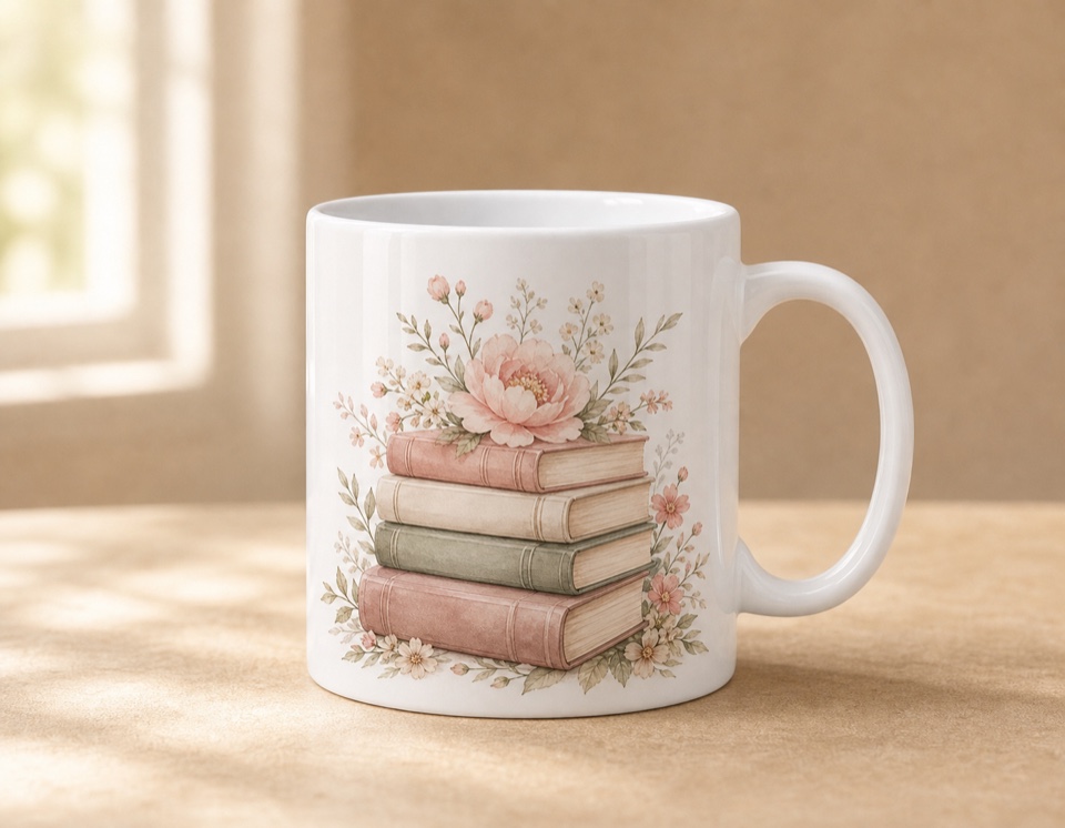 ceramic mug with book and floral artwork