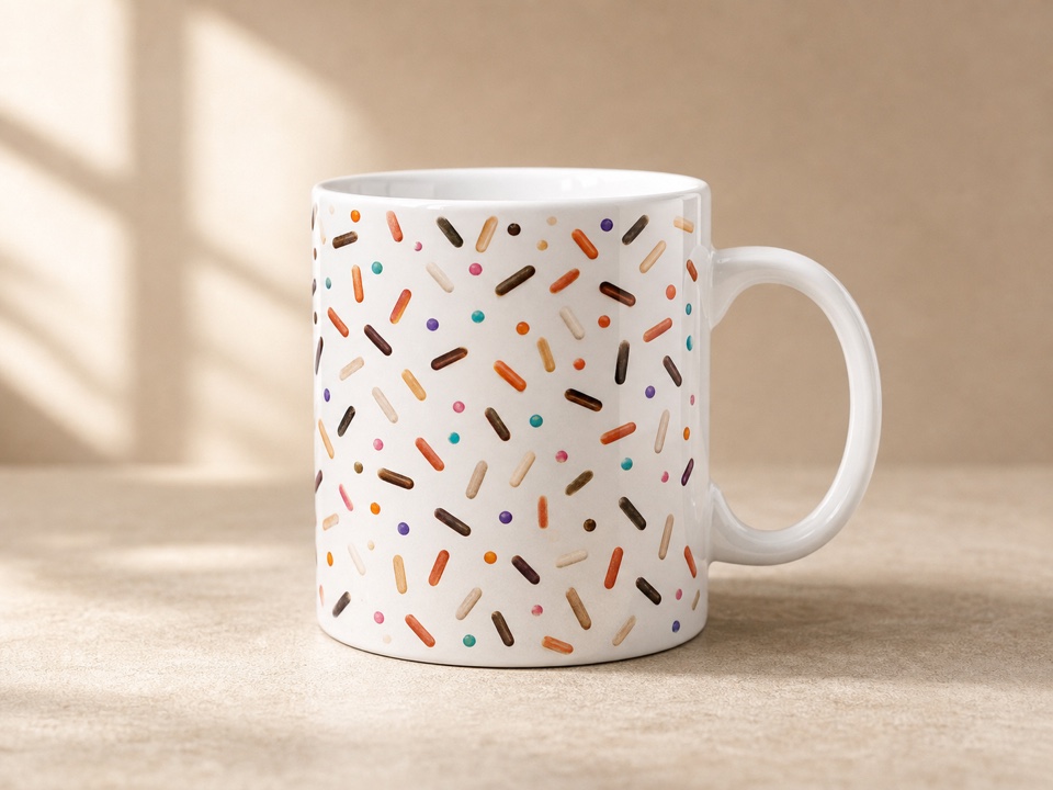 ceramic mug with candy sprinkle artwork