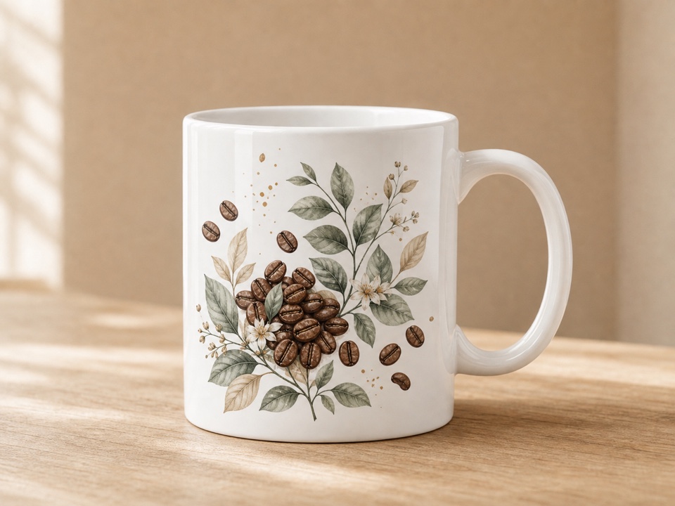 ceramic mug with coffee botanical print