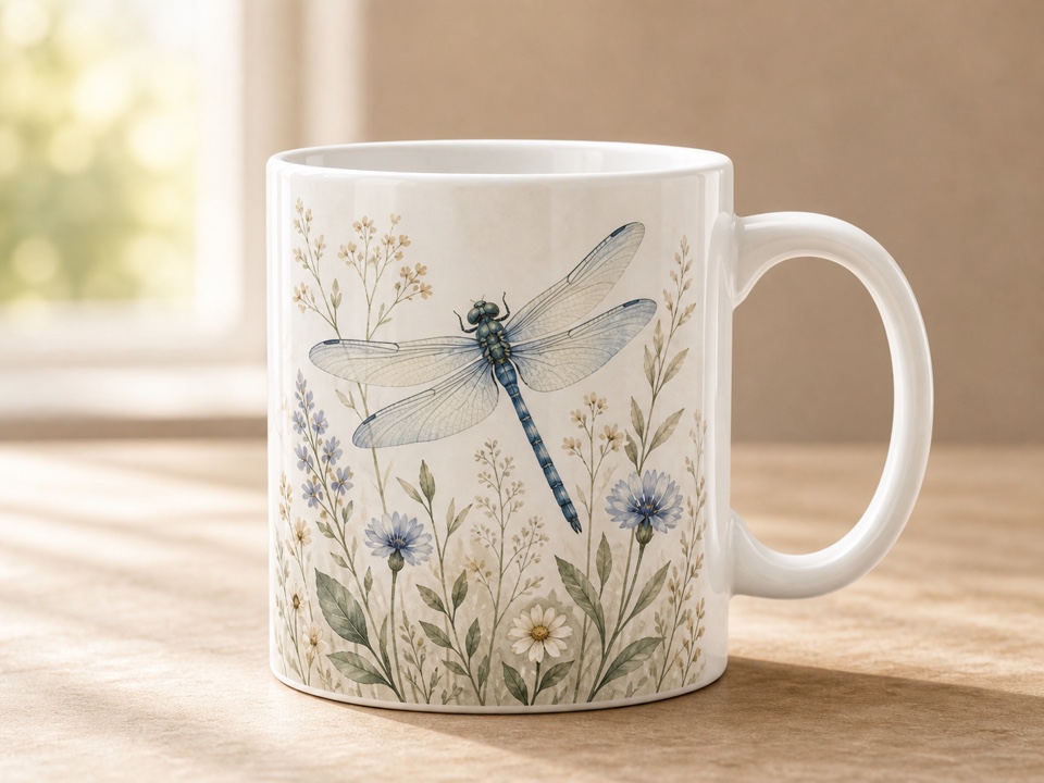 ceramic mug with dragonfly garden artwork