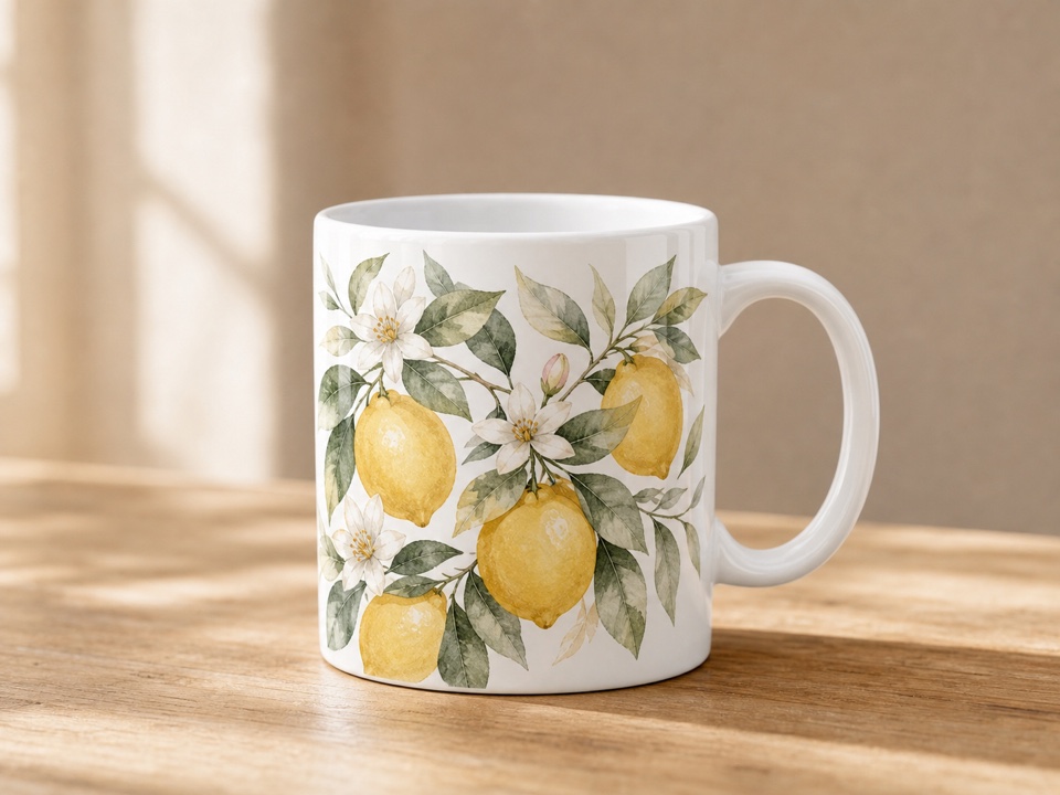 ceramic mug with lemon grove print