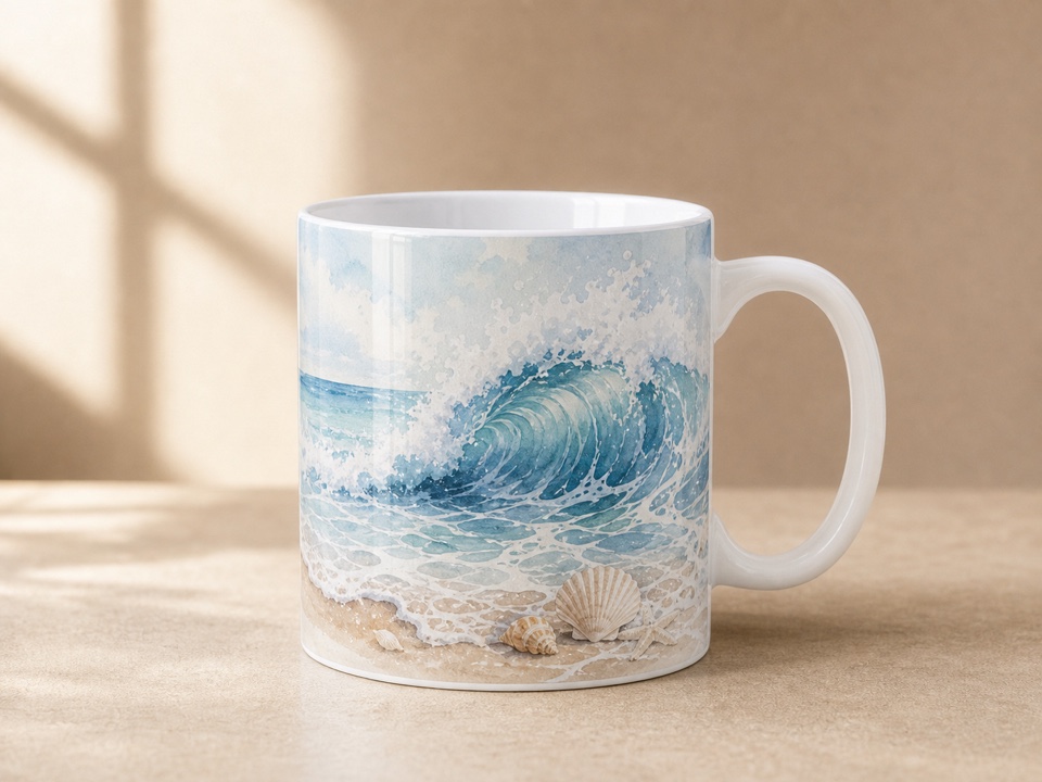 ceramic mug with ocean wave artwork