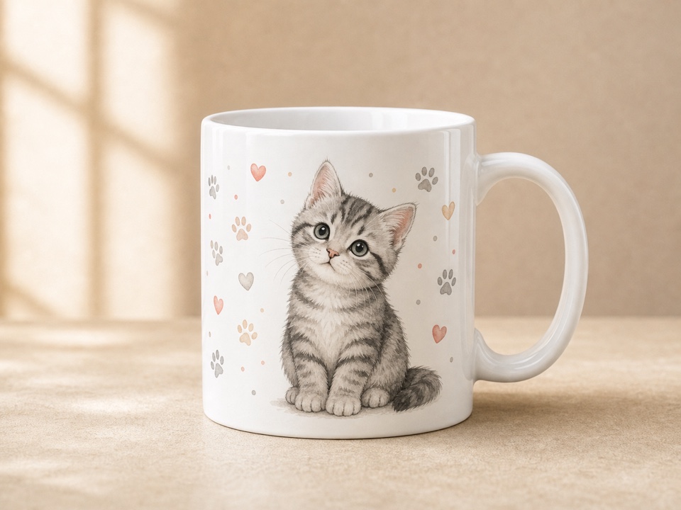 ceramic mug with tabby cat illustration