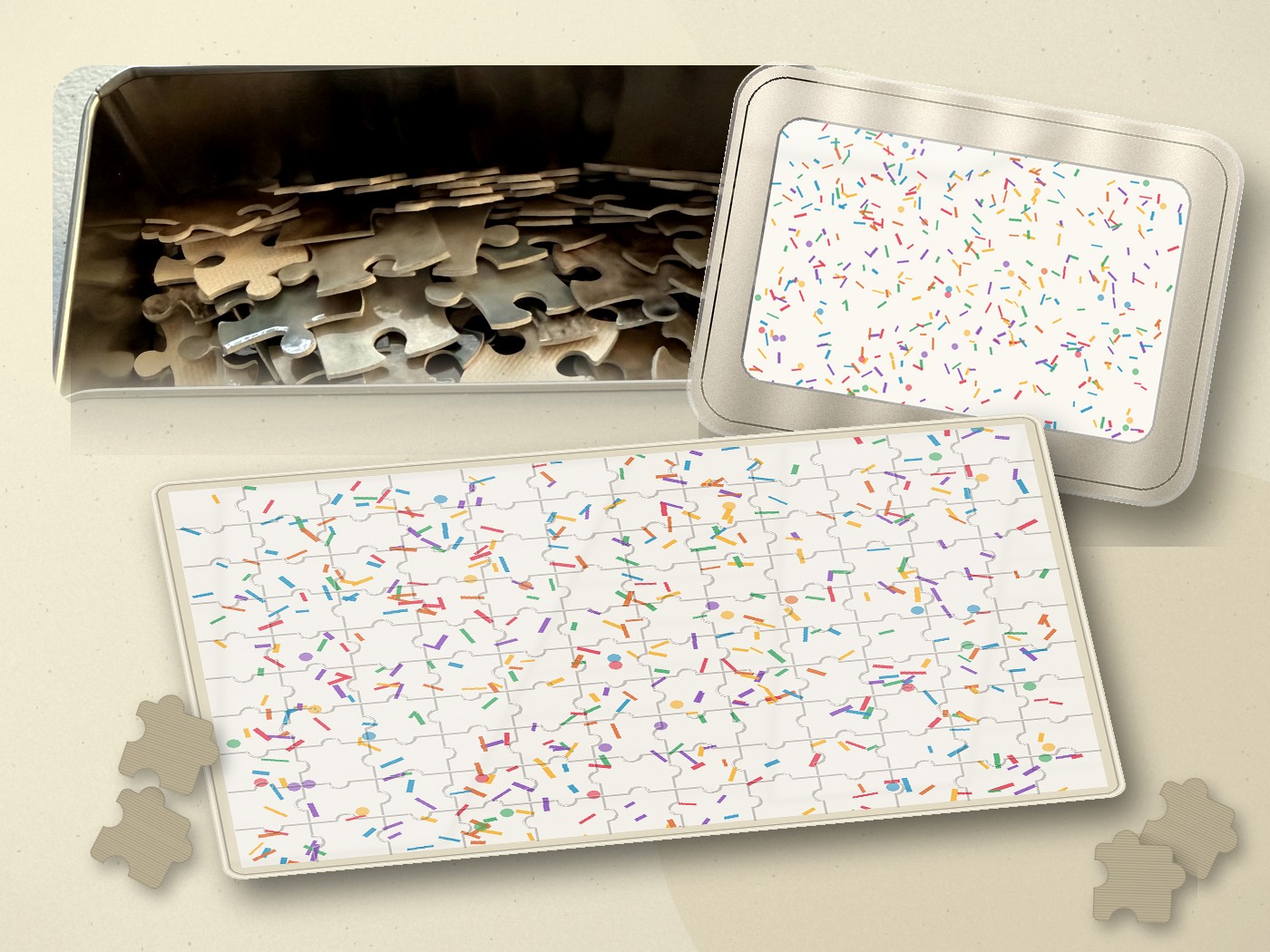 120 piece puzzle with candy sprinkle artwork and matching box