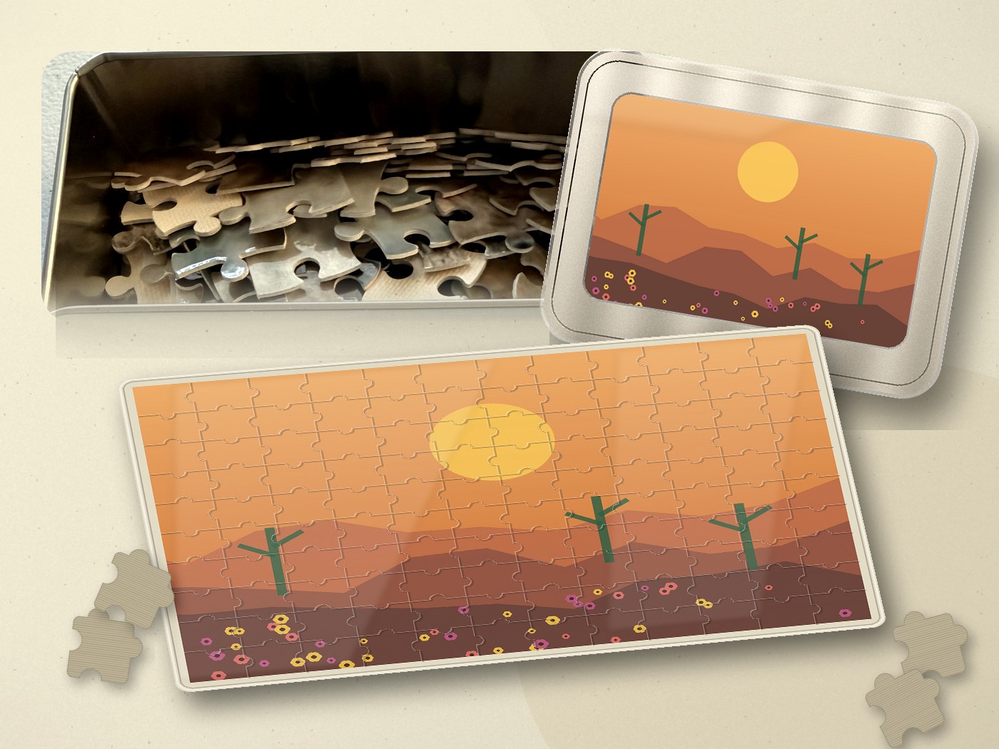 120 piece puzzle with desert sunset artwork and matching box