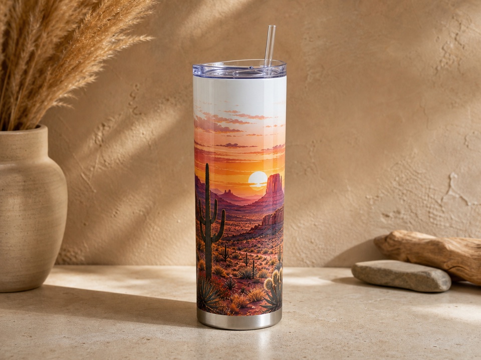 tumbler with desert sunset full-wrap design