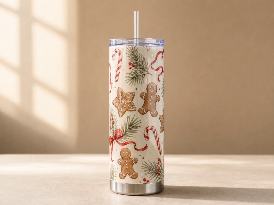 tumbler with holiday gingerbread wrap
