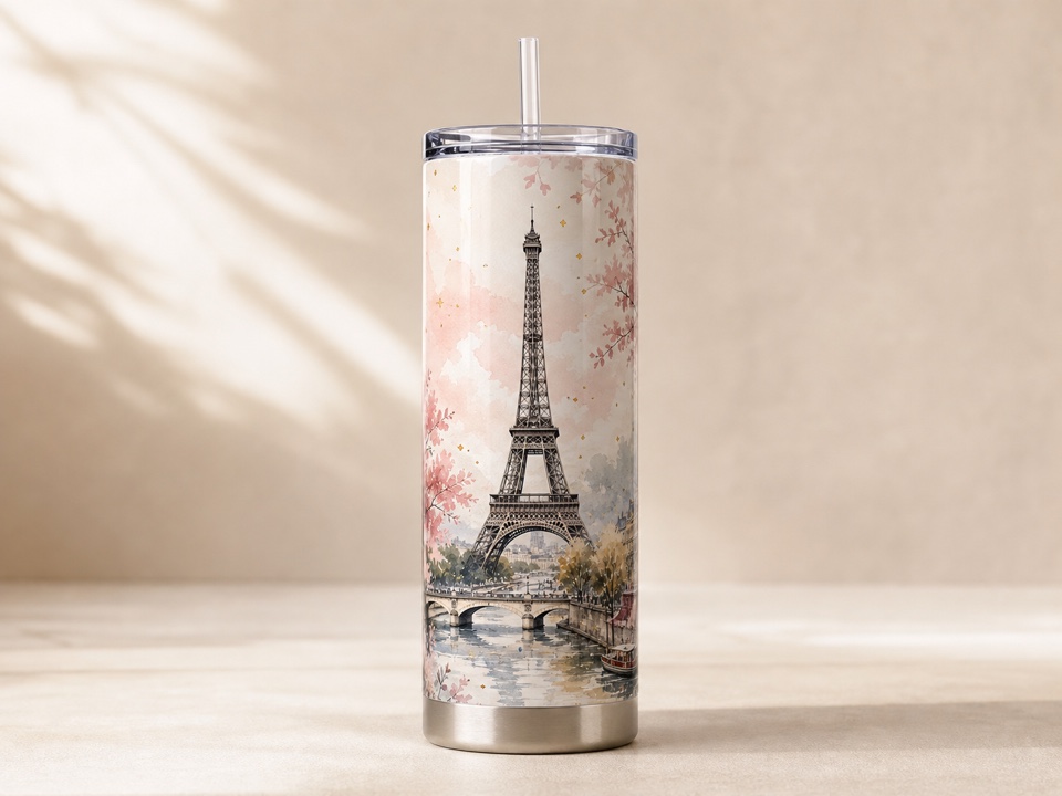 tumbler with Paris landmark watercolor wrap