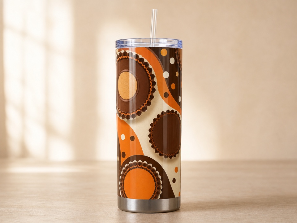 tumbler with peanut butter cup inspired artwork