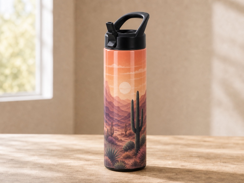 Desert sunset design printed on a 20 oz water bottle