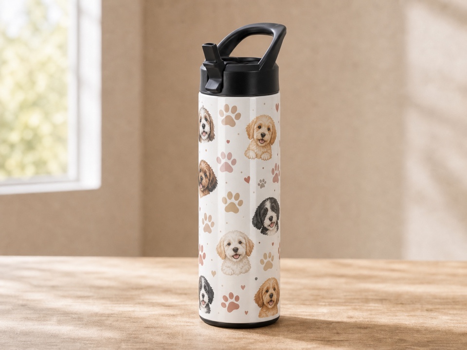 20 oz straight water bottle with puppy paw artwork wrap