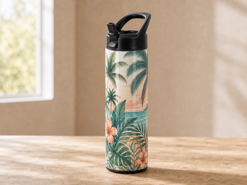 20 oz straight water bottle with tropical palm wrap